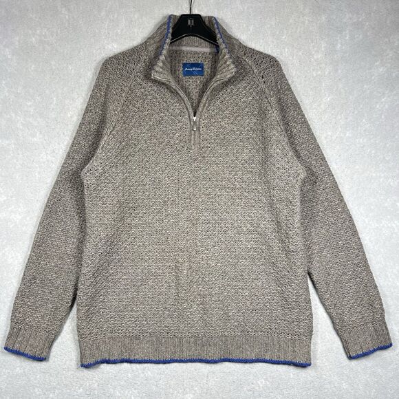 Tommy Bahama Cotton Sweater Mens XL Brown Cable Knit 3/4 Zipper Washed - Picture 1 of 14